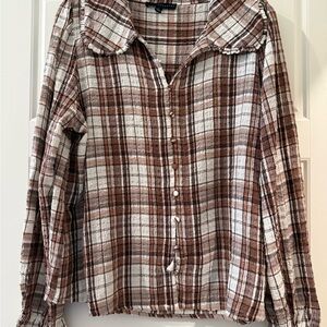 Plaid Button-Front Shirt in Brown and Cream